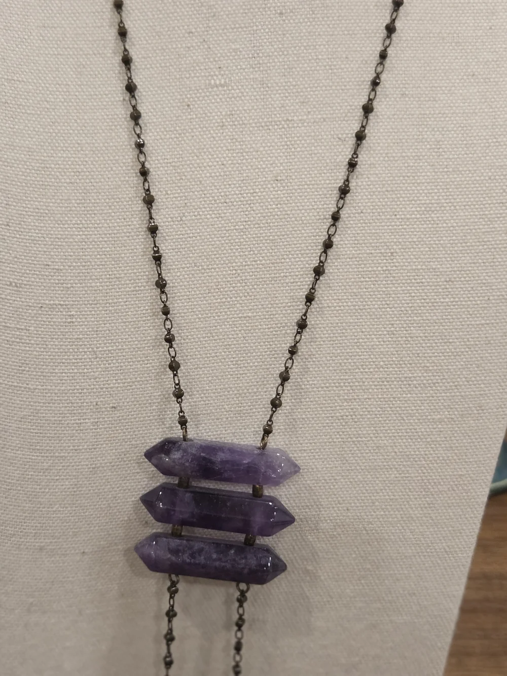 Amethyst Crystal Triple Bar Pendant Necklace - Total Drop 24